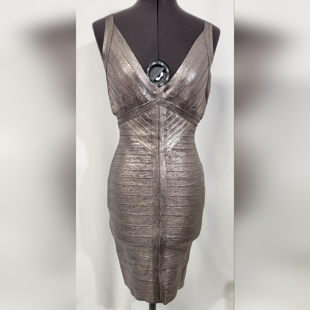 Herve Leger Trista Bandage Dress Metallic Silver Steel Sz M Bodycon Iconic